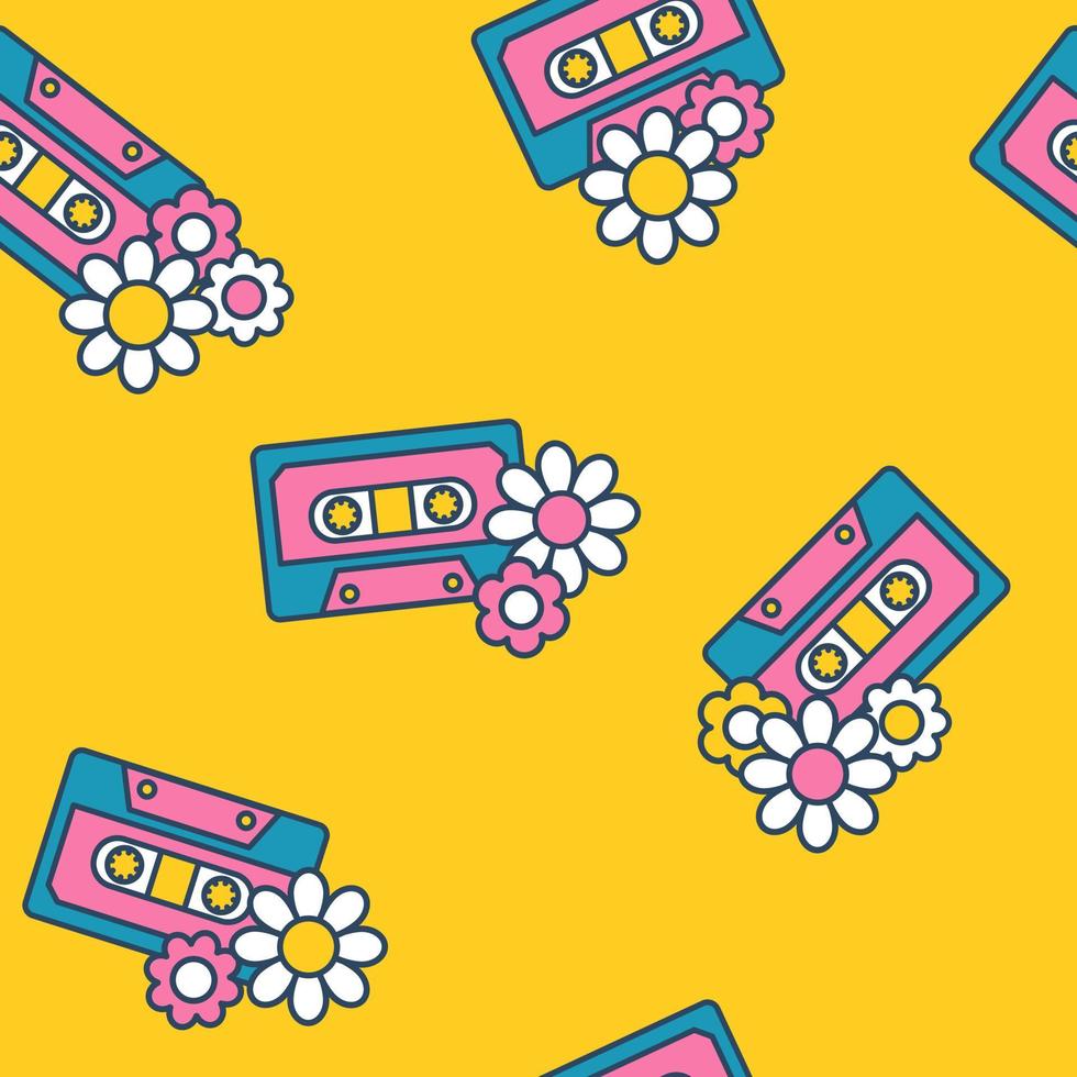 Vector retro seamless pattern with casette. Cassette tapes with flowers. Summer pattern with yellow background. Groovy print.