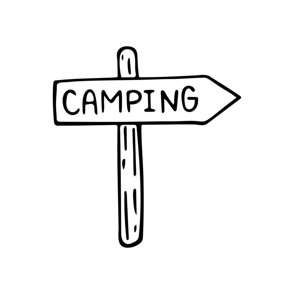 Hand drawn doodle sign post with camping text. Vector guidpost. Camping clipart. Outline.