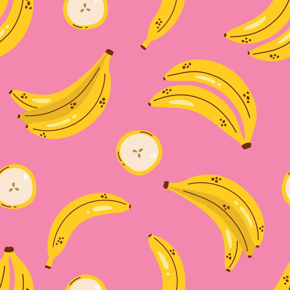 patrón lindo con plátanos sobre fondo rosa. plátanos amarillos patrón sin costuras de plátano. fruta tropical. vector