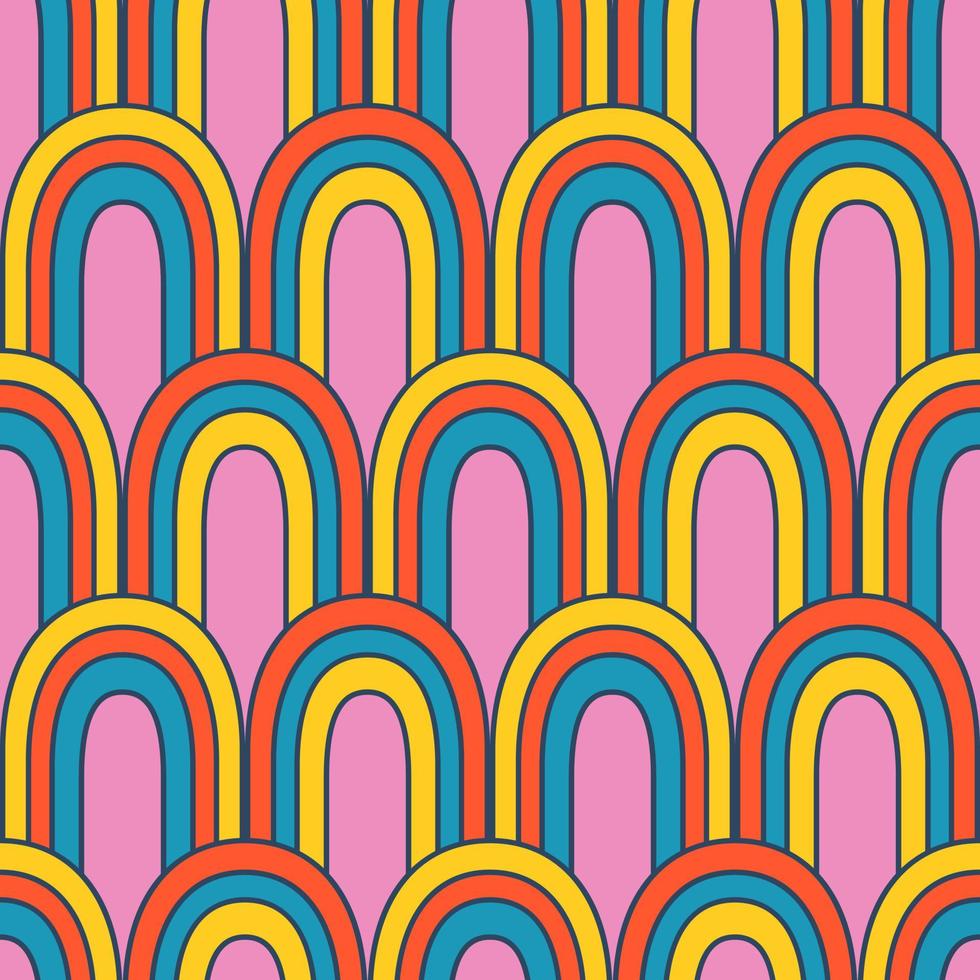 patrón retro vectorial con arco iris abstracto. maravilloso patrón sin costuras. años 70 arco iris hippie en estilo retro. vector