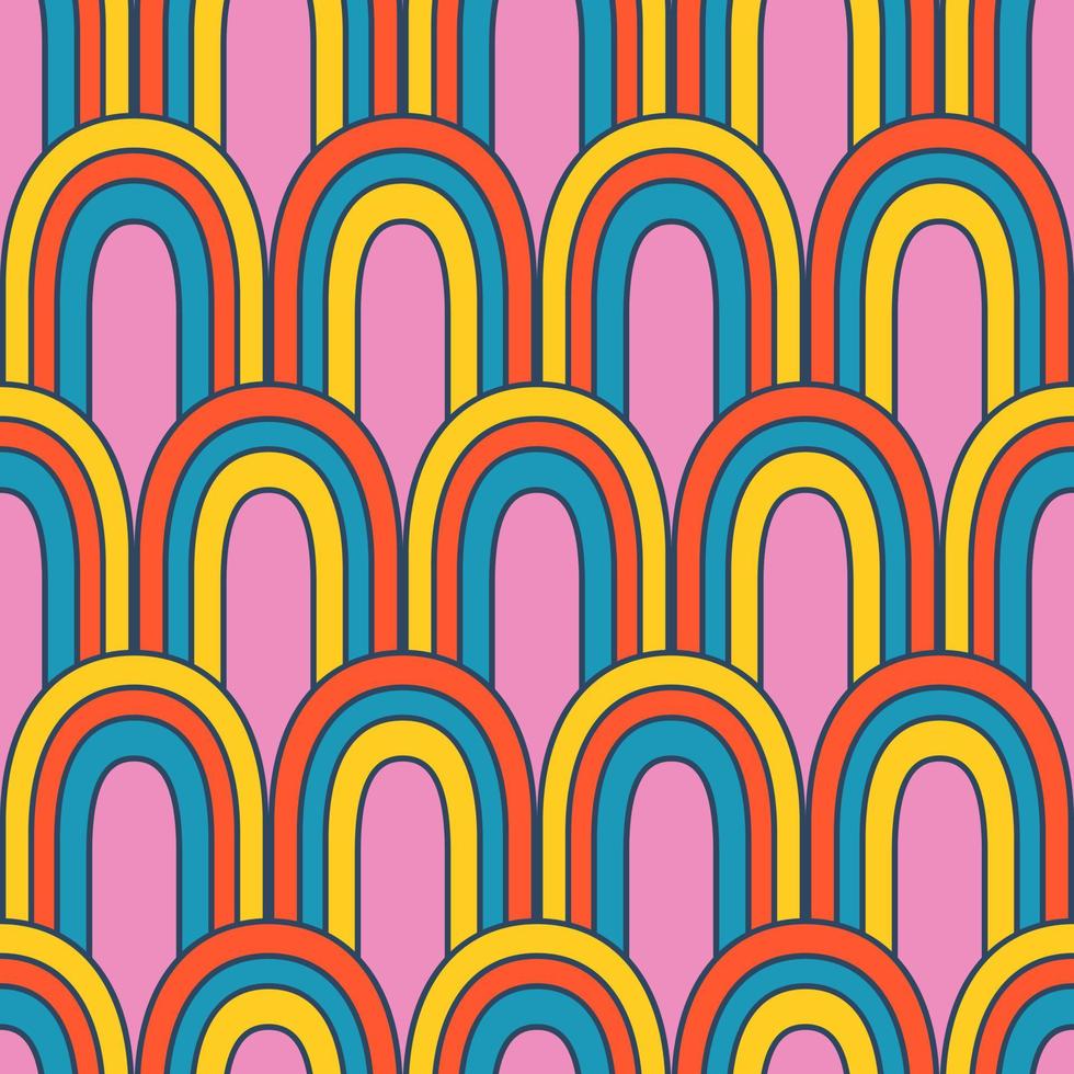 Vector retro pattern with abstract rainbows. Groovy seamless pattern. 70s. Hippie rainbow in retro style.