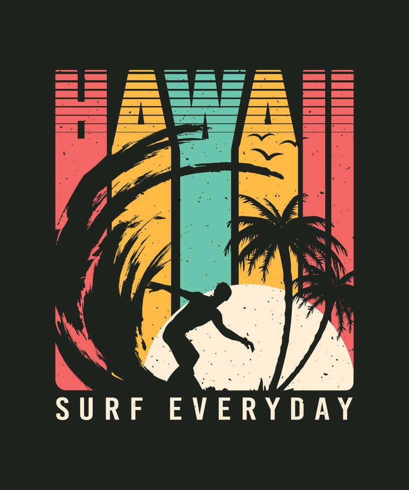 Hawaii Tropical Palm View Surfing Retro Vintage Illustration vector