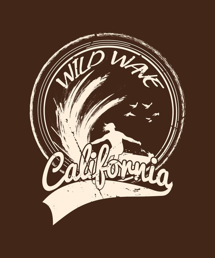 California Wild Wave surf tshirt design for surfers vector