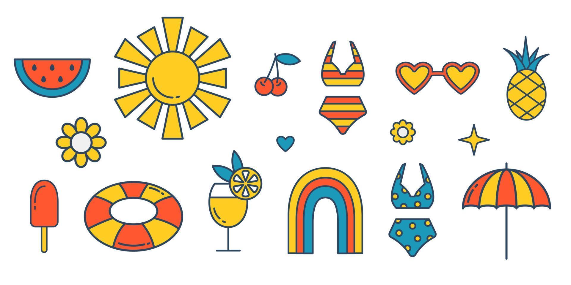 conjunto de verano retro vectorial. trajes de baño, frutas tropicales, sombrilla y helado. gafas de sol y anillo de goma. playa maravillosa. buenas vibraciones. vector