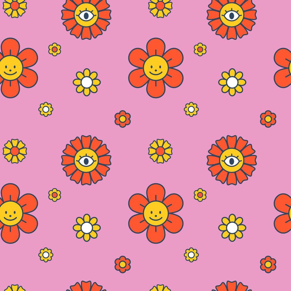 Vector retro floral pattern. Seamless patterin with flowers on pink background. Groovy pattern for children. Cute.