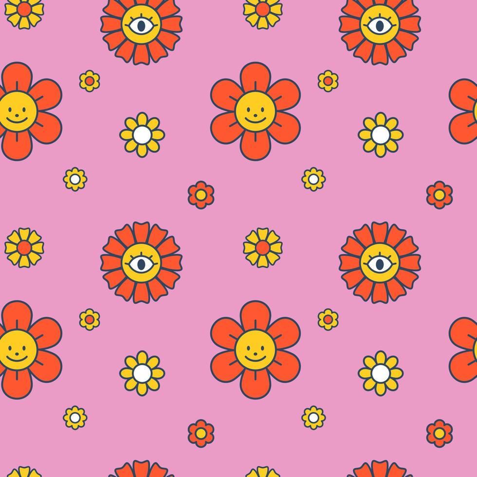 Vector retro floral pattern. Seamless patterin with flowers on pink background. Groovy pattern for children. Cute.