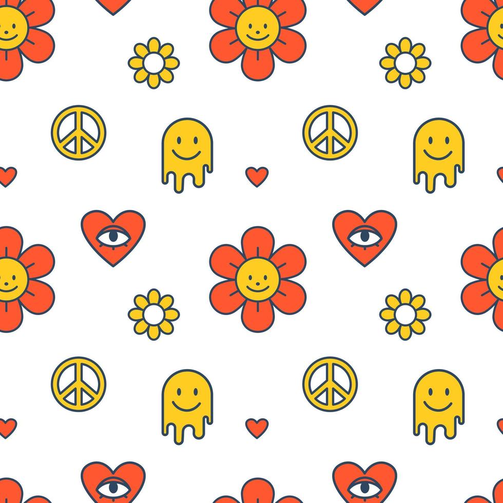 Vector groovy seamless pattern. Summer pattern in yellow and red colors. Retro print. Flowers and emoji. Hearts and peace sign.