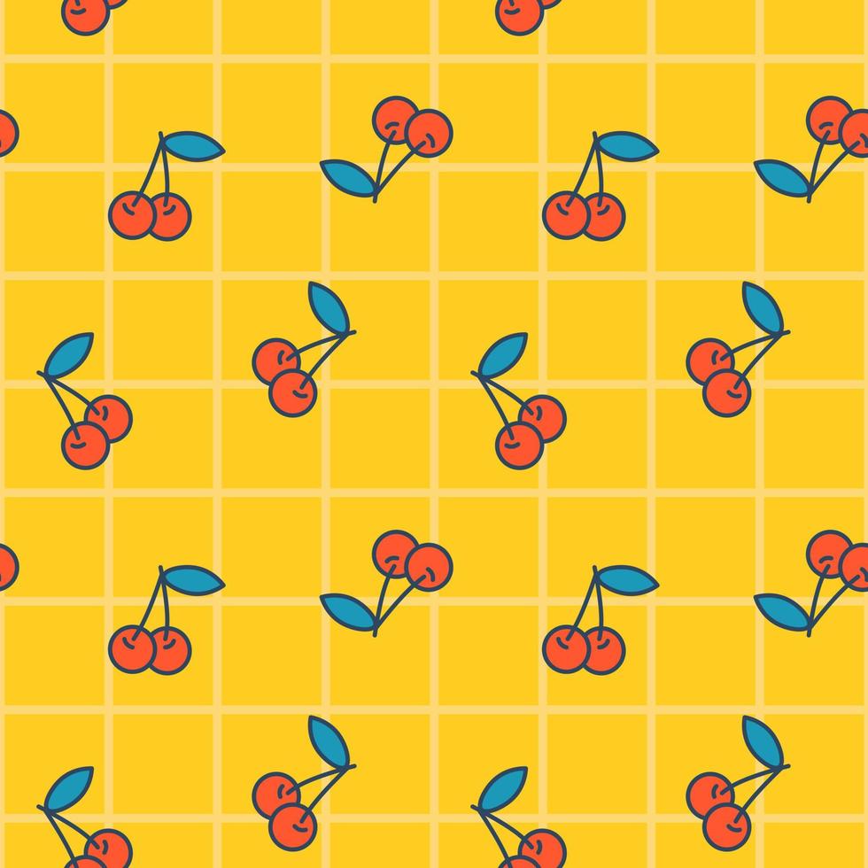Vector seamless pattern with cherry. Cute cherry on yellow plaid background. Wrapping and clothing. Print for kids.