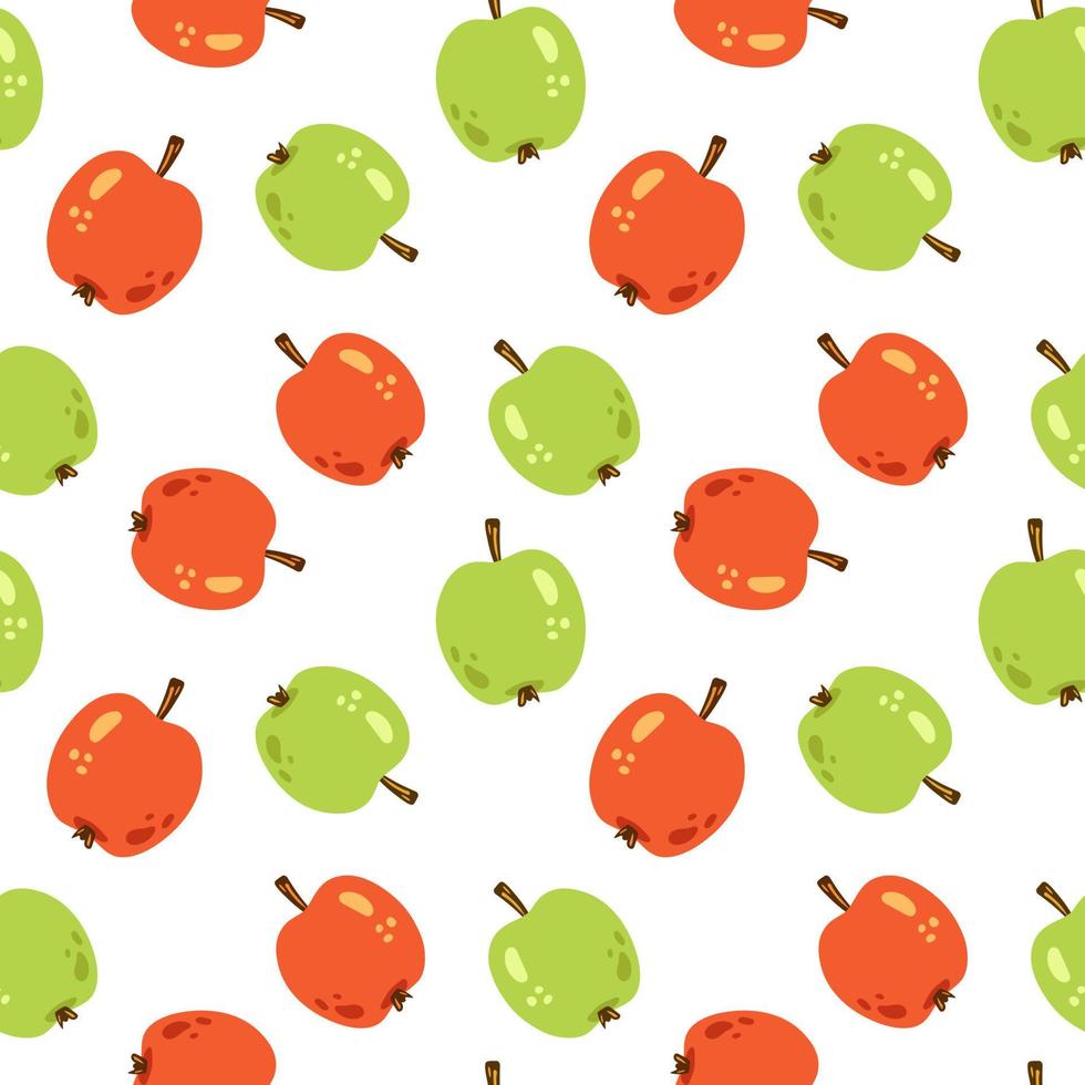 Vector cute seamless pattern with red and green apples. Whole apples on white background. Apple pattern.