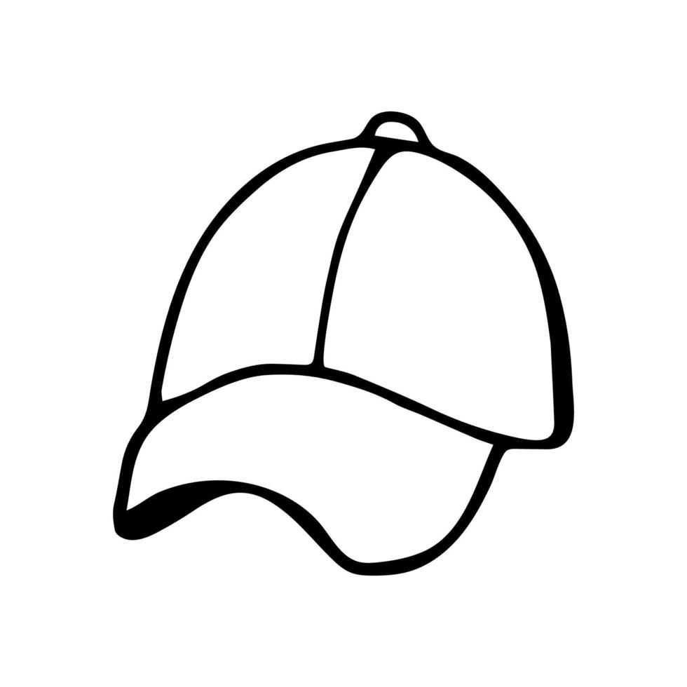 Hand drawn doodle cap. Vector headwear. Black and white baseball cap. Outline.