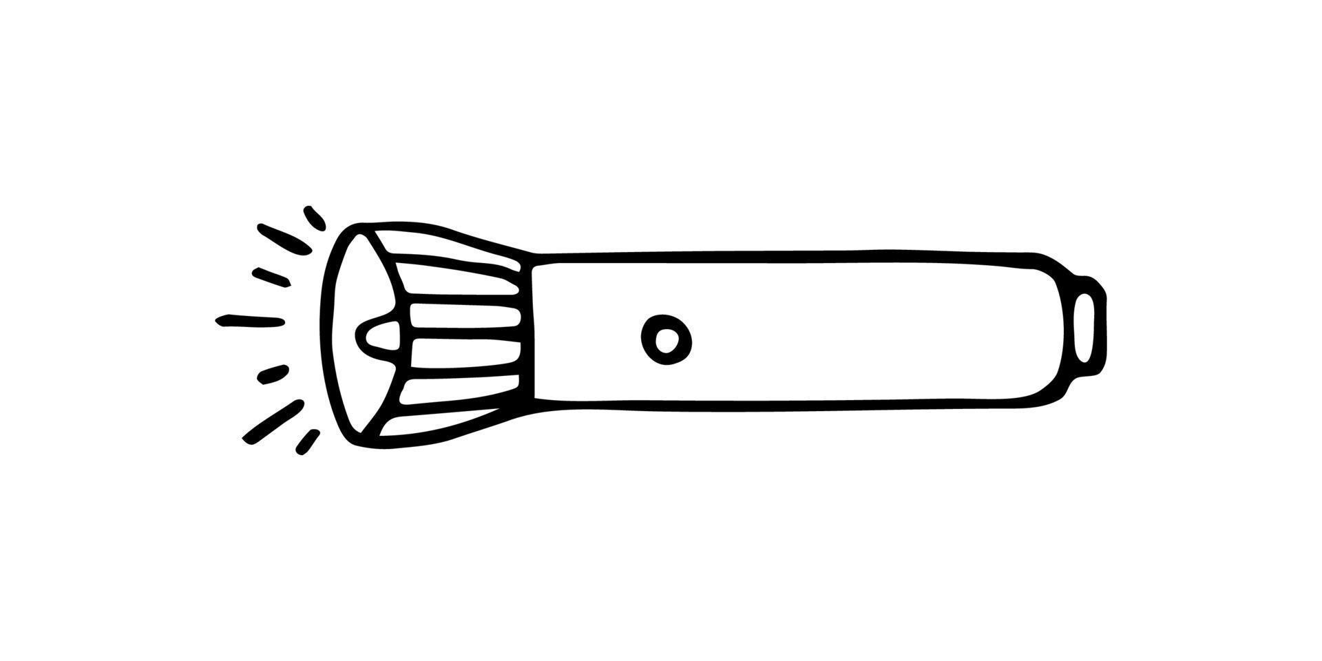 Hand drawn doodle camping flashlight. Vector single travel element. Black and white torch. Outline.