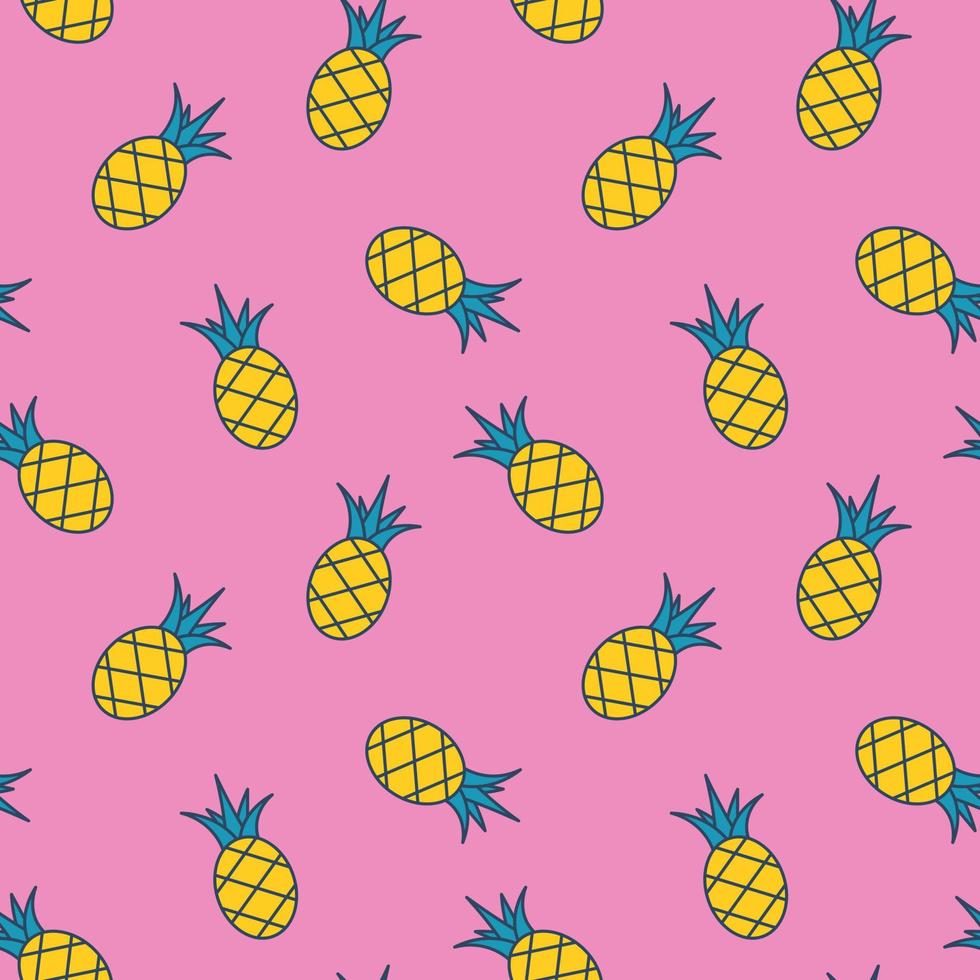 Vector seamless pattern with pineapples. Retro pattern with tropical fruit on pink background. Groovy pattern with yellow pineapples. Wrapping and clothing.