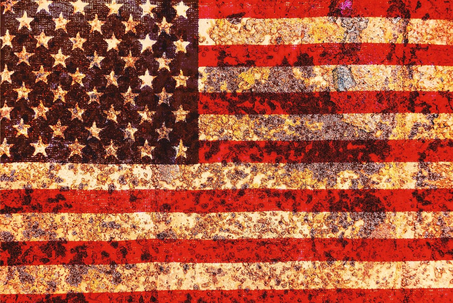 USA flag overlay on old rusty wall surface texture for background use photo