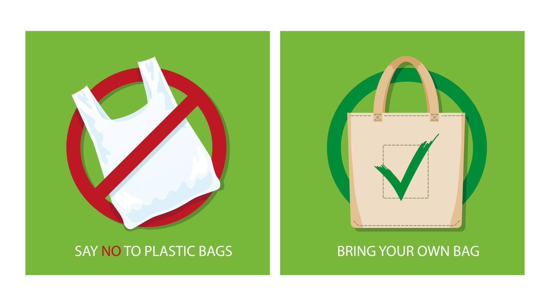 Pollution problem concept. Say no to plastic bags, bring your own textile bag. Cartoon styled images with signage calling for stop using disposable polythene package. Vector illustration.