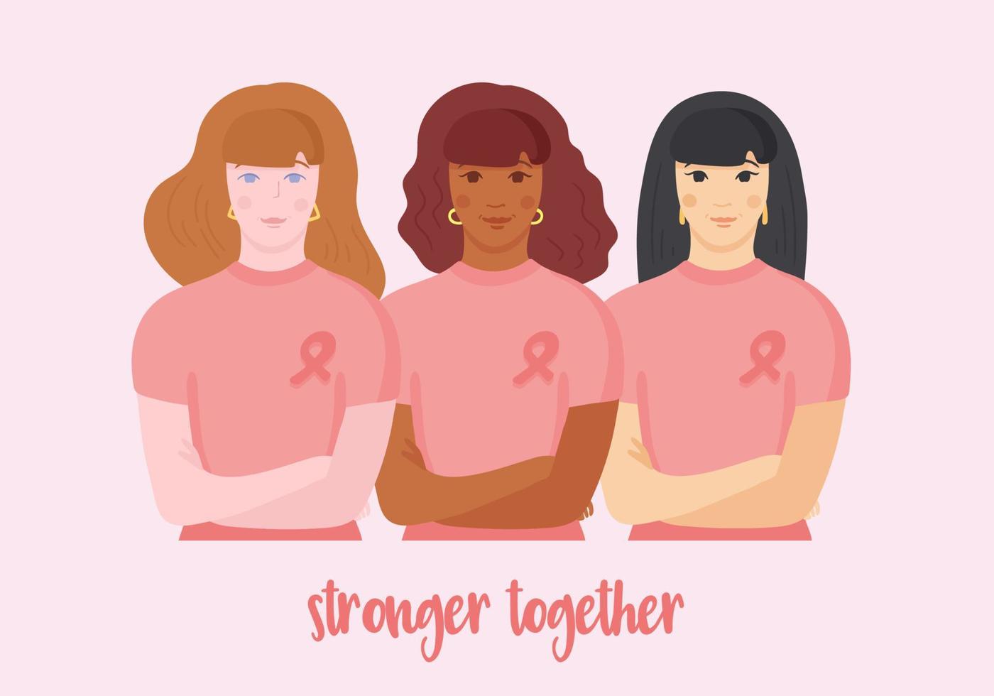 Asian, afro american and caucasian women in white T-shirt with pink ribbon on chest, hands crossed, standing together supporting fighters. vector