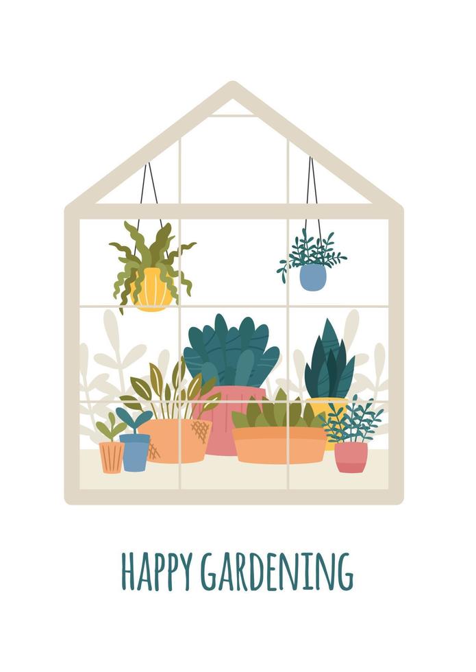 Greenhouse with potted garden plants vector illustration, cute Scandinavian Hygge style.Glass green house seasonal greeting card, Happy gardening.Conservatory with growing plants in pots and planters