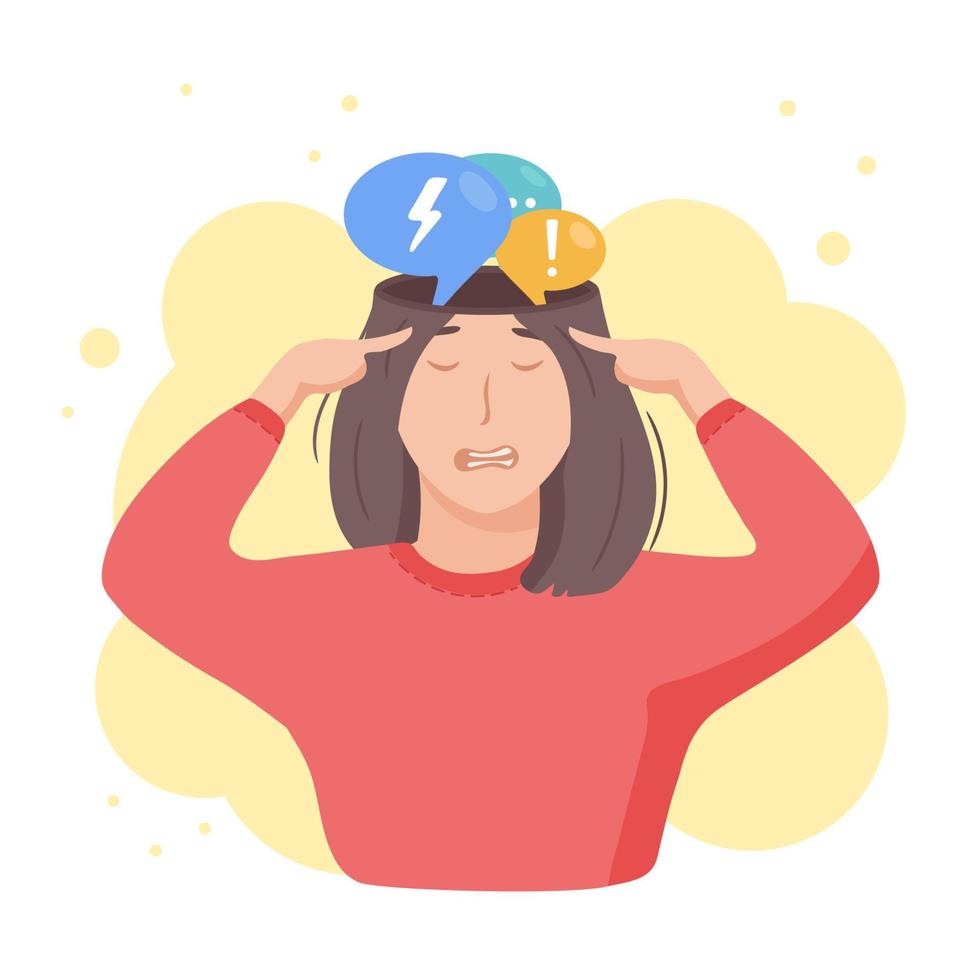 Inside woman head concept. Girl tired of thoughts and mind debates. Introvert feeling bad and overwhelmed of communication. Vector illustration isolated on white