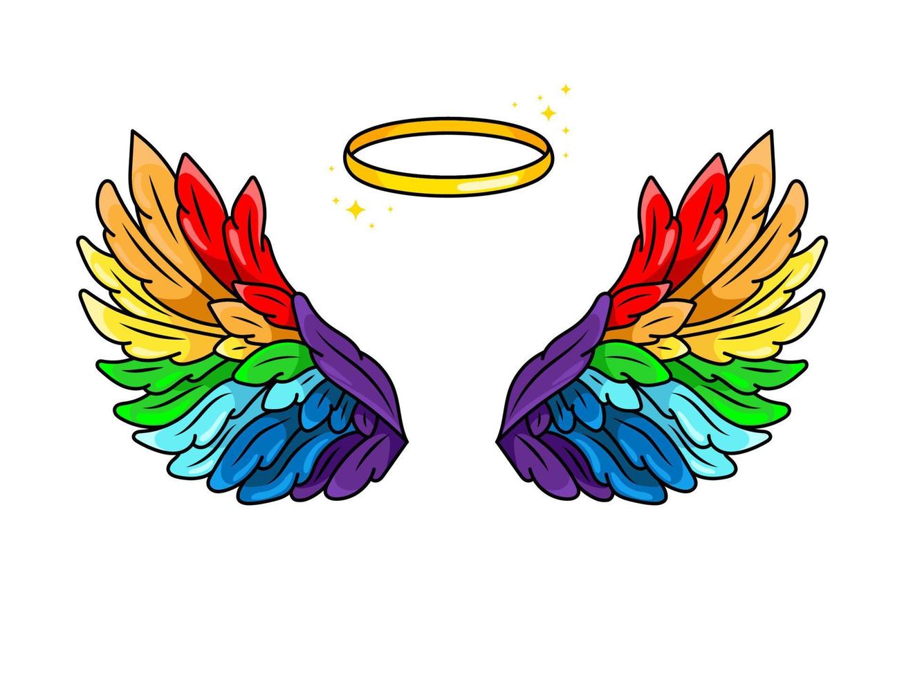 Magic rainbow-colored wings in 80s-90s youth pop art comics style. Wide spread angel wings and halo. Retro fashionable patch element inspired by old cartoons. Vector illustration