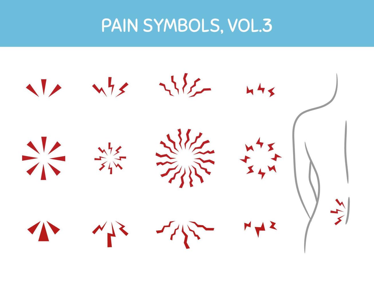 Set of pain markers for illustrations, medical and healthcare themed designs. Assorted icons showing pain focus, trigger points and painful areas of body. Vector elements, isolated on white.