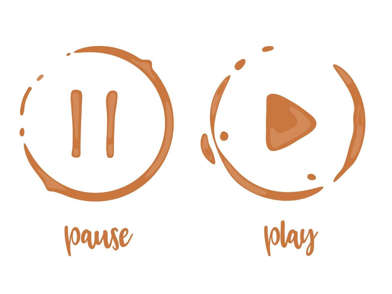 Collection of coffee cup round stains in shape of play and pause buttons. Take a break and relax concept. Vector drops and splashes on white.