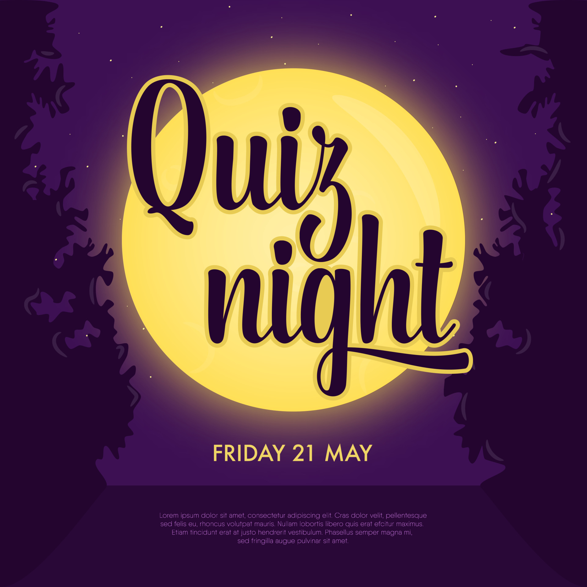 Quiz night announcement poster. Night intellectual game. Full yellow moon shining on violet