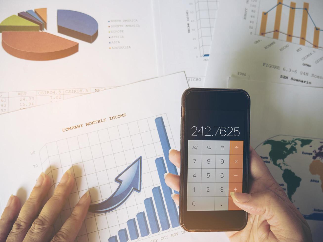 Vintage style photo of a lady is using mobile telephone with her business report document