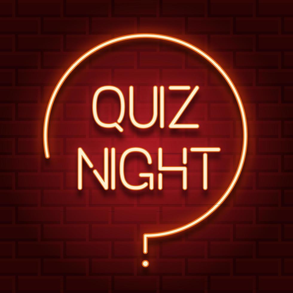 Pub quiz announcement poster, vintage styled neon glowing letters shining on dark brick background. Questions team game for intelligent people.Vector illustration, glowing electric sign in retro style vector
