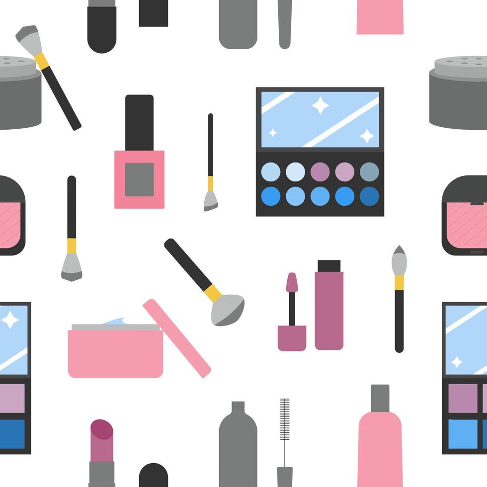 Seamless pattern with elements of cosmetics. Cosmetics for makeup. Flat style. Vector illustration