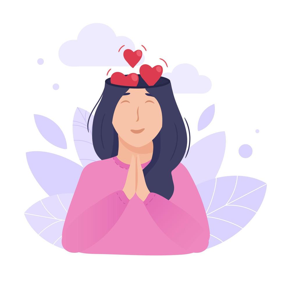 Inside woman head concept. Peaceful and loving mind. Hearts going out of brain as metaphor of love and happiness. Vector illustration isolated on white