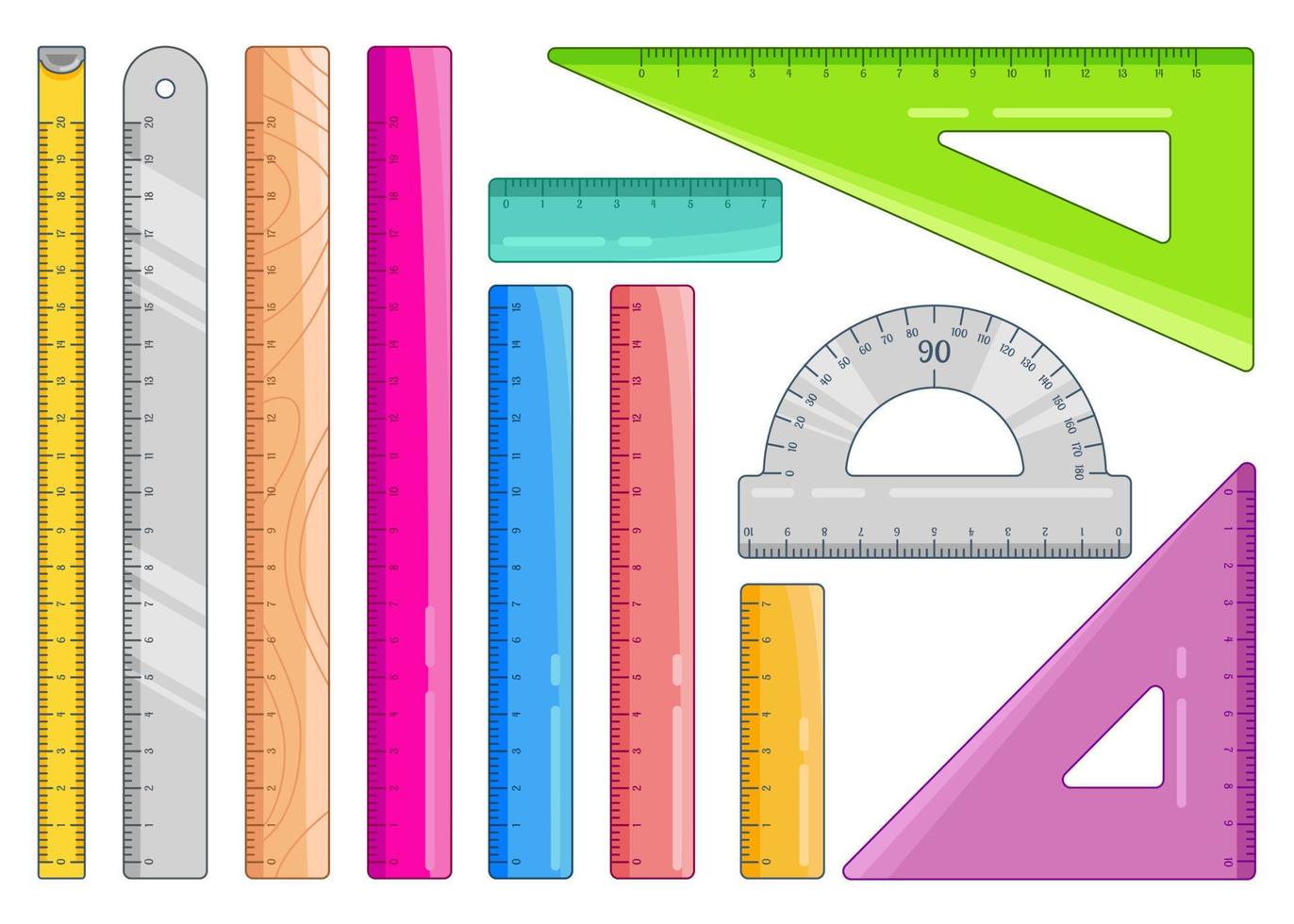Set of colourful rulers. Art design measurement office supplies and school stationery. Vector illustration isolated on white.
