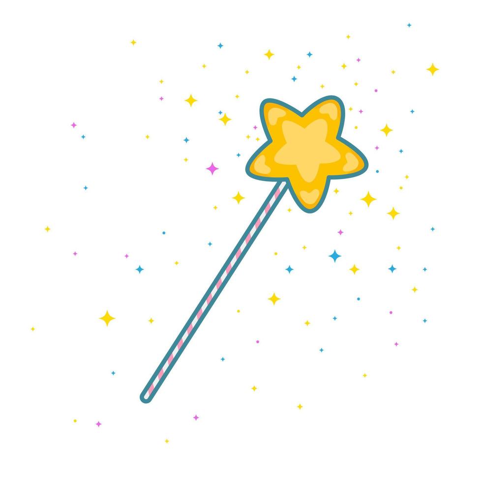 varita mágica con estrella de oro amarillo en la punta. estilo de icono plano moderno con contorno. ilustración vectorial aislado en blanco vector