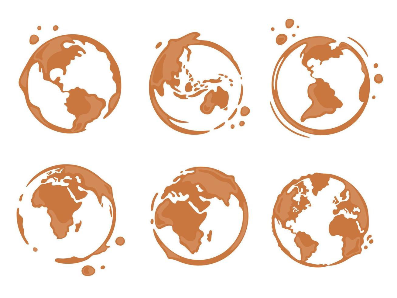 colección de manchas redondas de tazas de café con forma de mapa mundial o globo. todos los continentes, américa del norte y del sur, europa, asia, áfrica, australia. gotas vectoriales y salpicaduras en blanco. vector