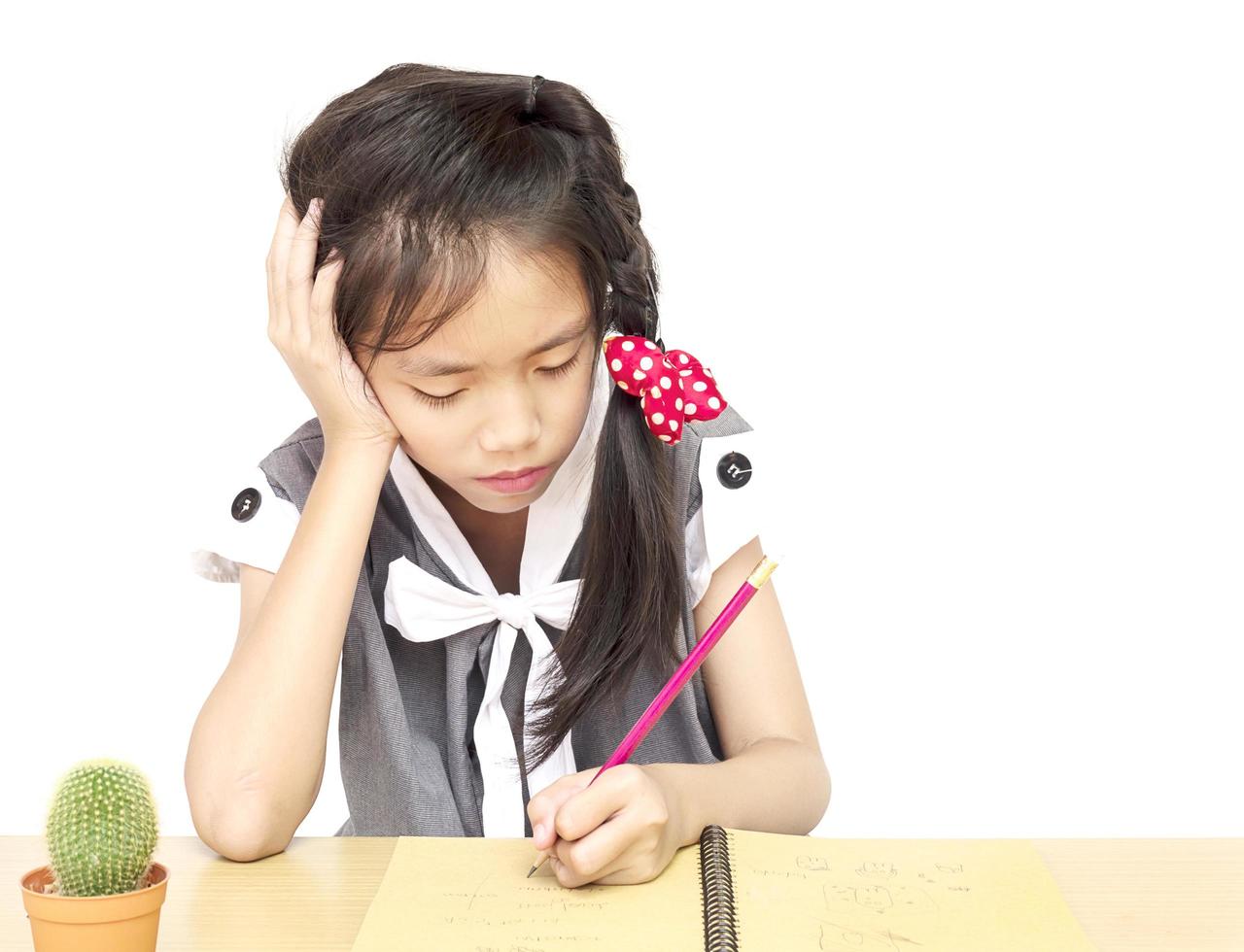 A girl is unhappy doing homework photo