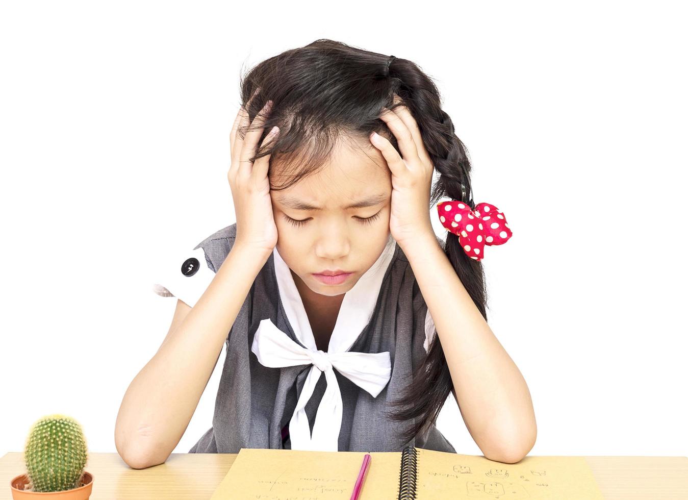 A girl is unhappy doing homework photo