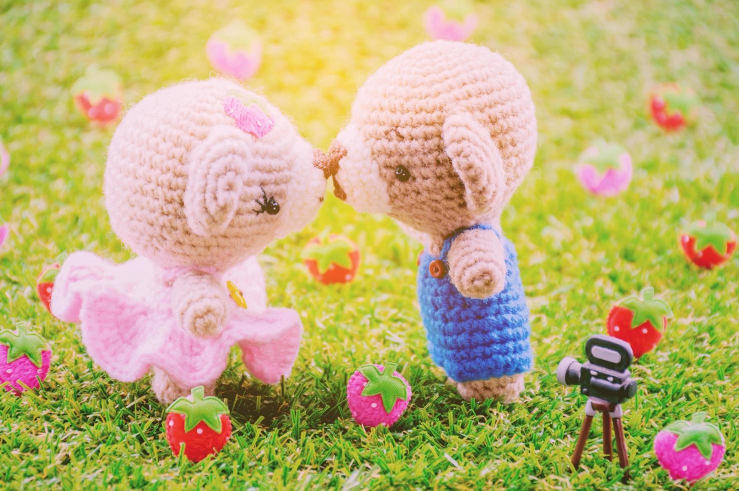 Lovely kiss baby bears crochet doll on grass with blurred strawberry background. photo