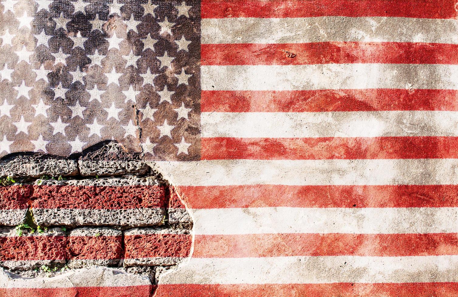 USA flag overlay on old granite brick and cement wall texture for background use photo