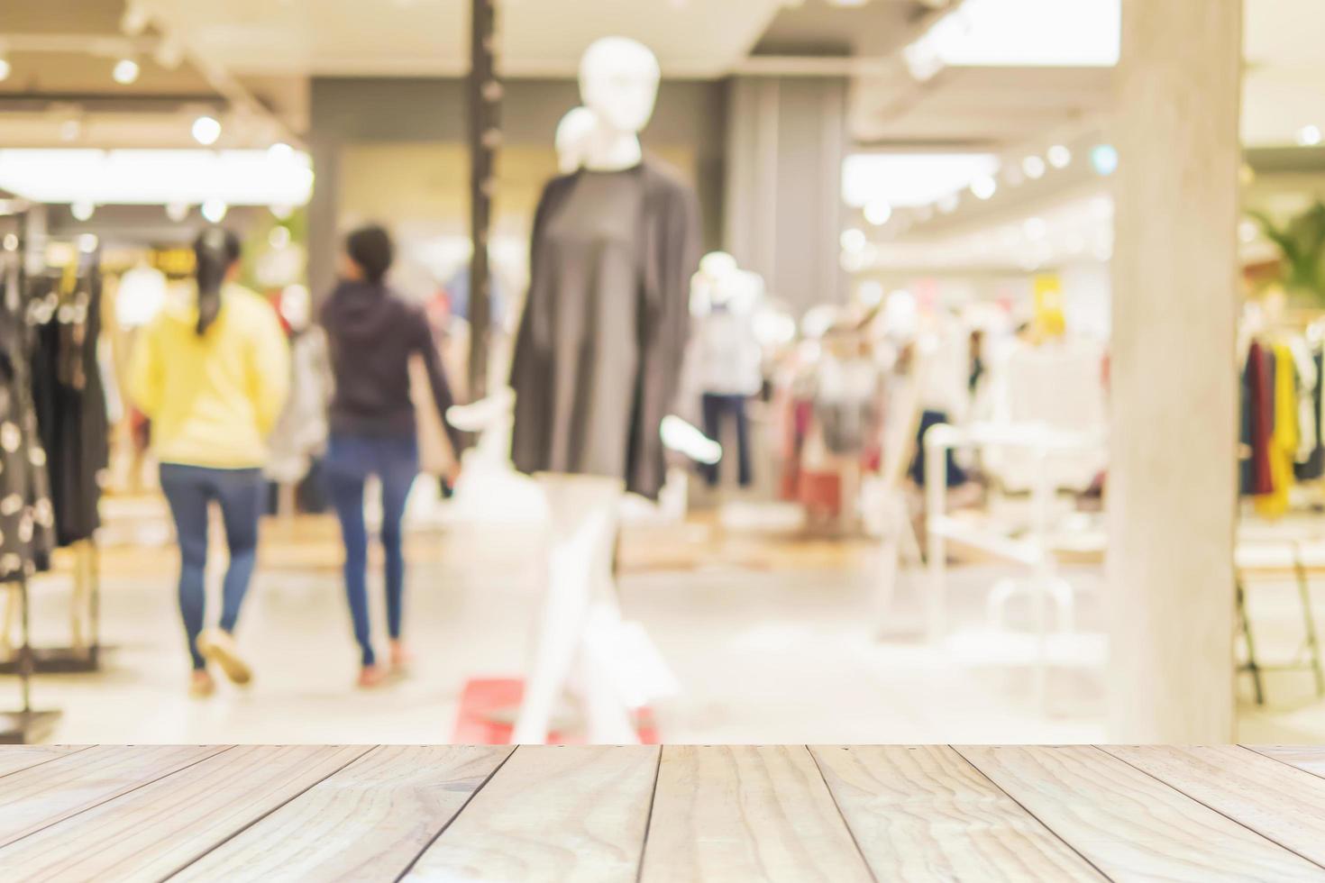 White wooden planks over blurred superstore background photo