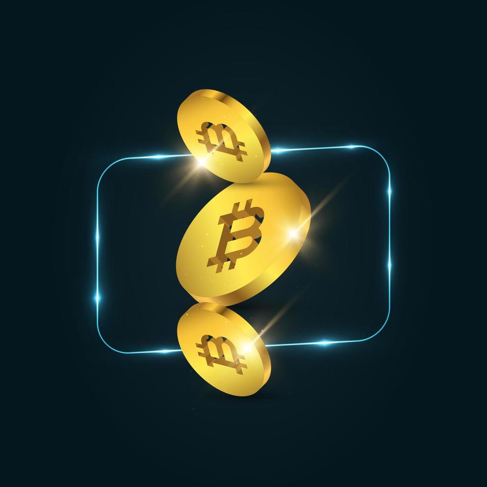 Golden Bitcoin Coin. Crypto Currency Gold Coin. 3D Bitcoin Symbol Isolated on Dark Background vector