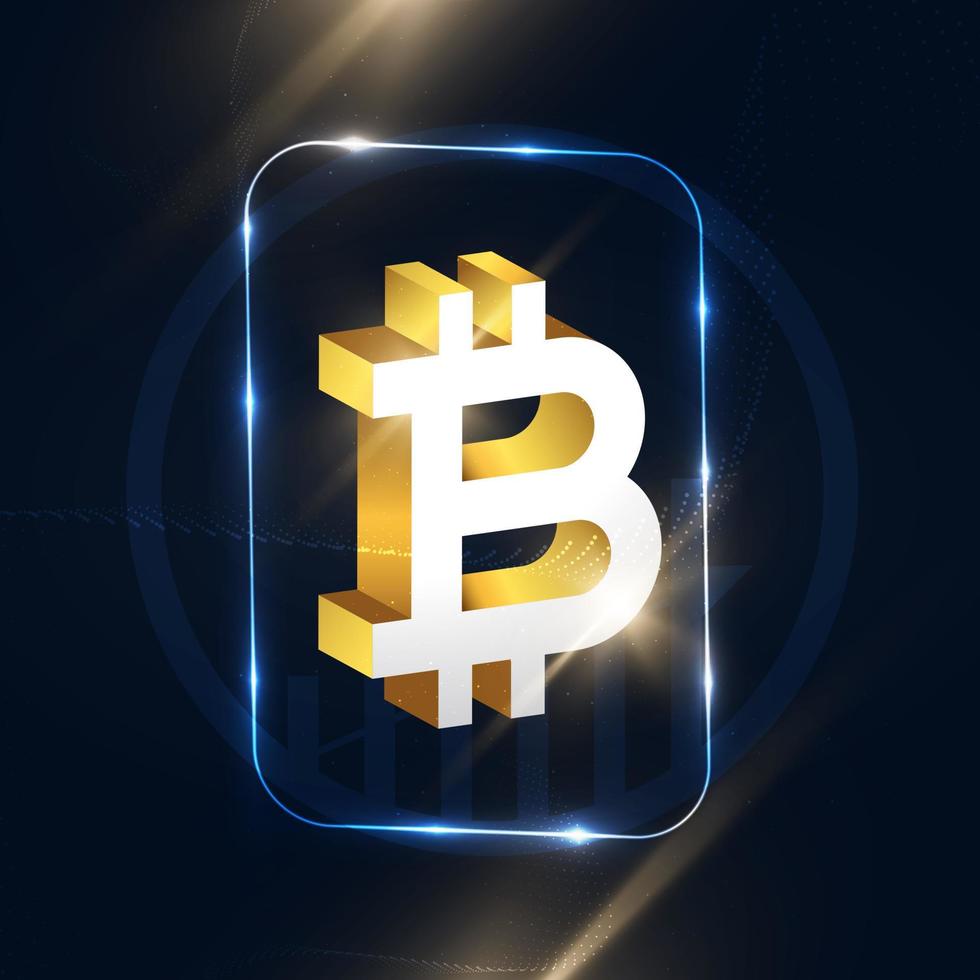 Ilustración de símbolo de logotipo de bitcoin 3d con efecto de luz aislado sobre fondo oscuro vector