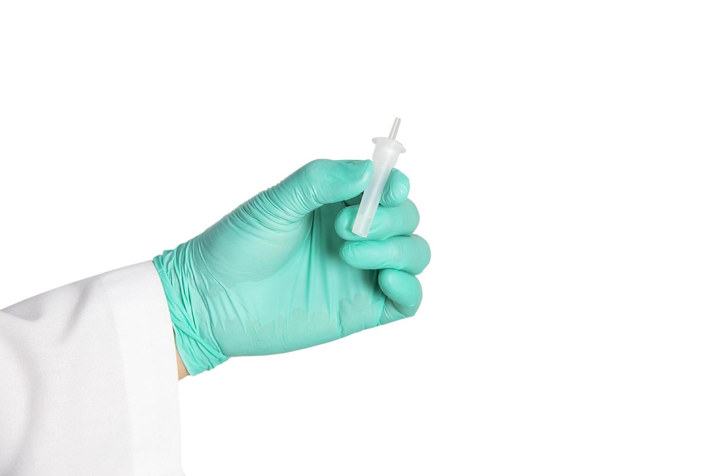 Doctor is showing rapid antigen test Covid -19 self repid test set, isolated over white background photo
