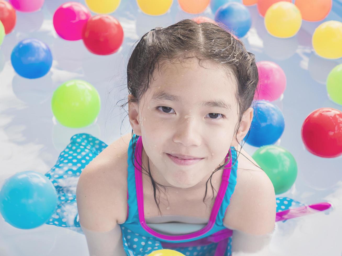 Asian kid is playing in a kid water pool with colorful balls photo