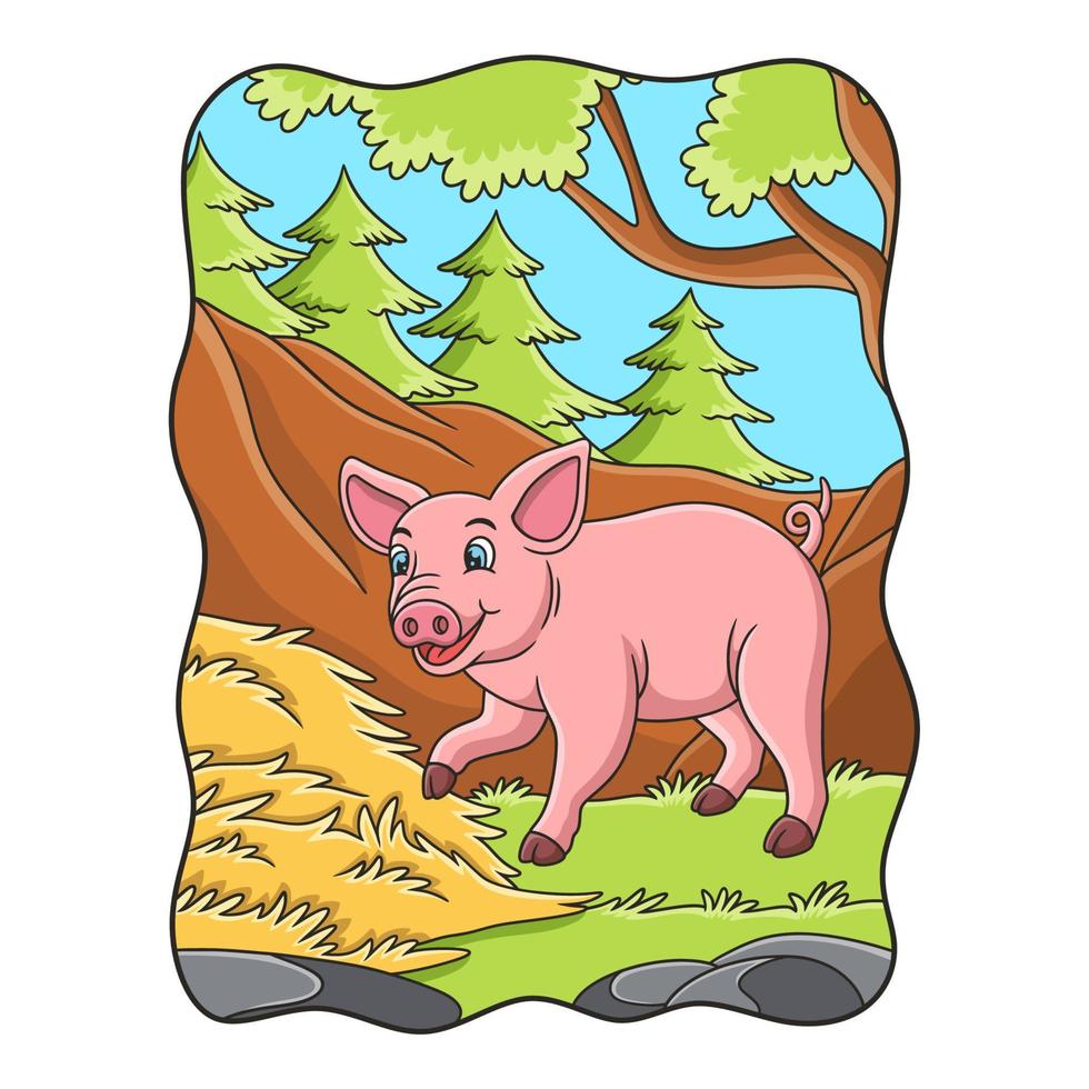 cartoon illustration a pig walking around in its cage near the hay vector