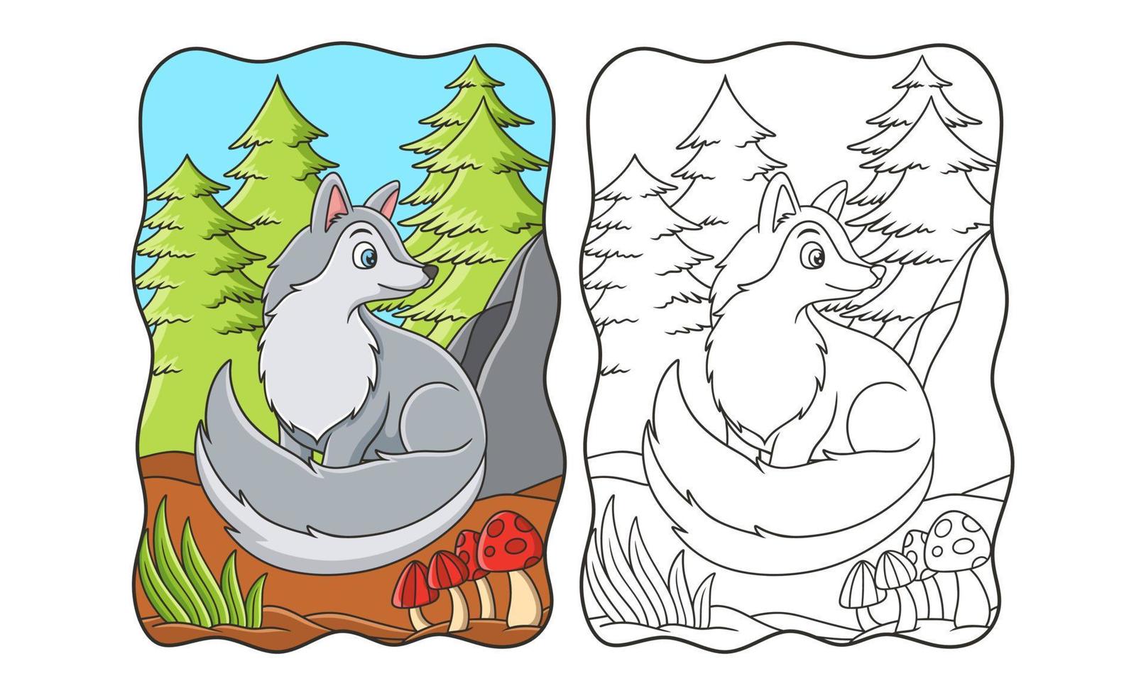 cartoon illustration The wolf is sitting relaxing in the middle of the forest and looking back as if someone is watching him book or page for kids vector