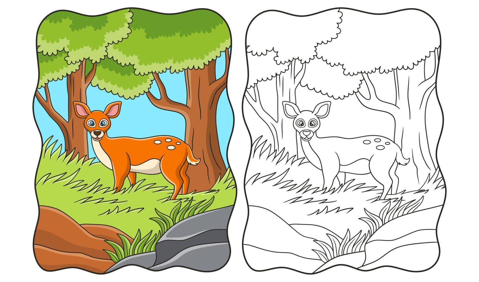 ilustración de dibujos animados un ciervo caminando en la hierba alta bajo un gran árbol en busca de un libro de comida o una página para niños vector