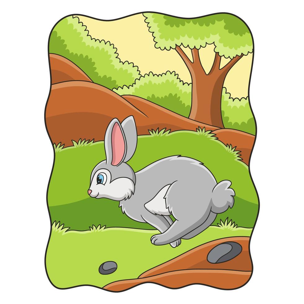 ilustración de dibujos animados conejo saltando y corriendo buscando comida en el bosque vector