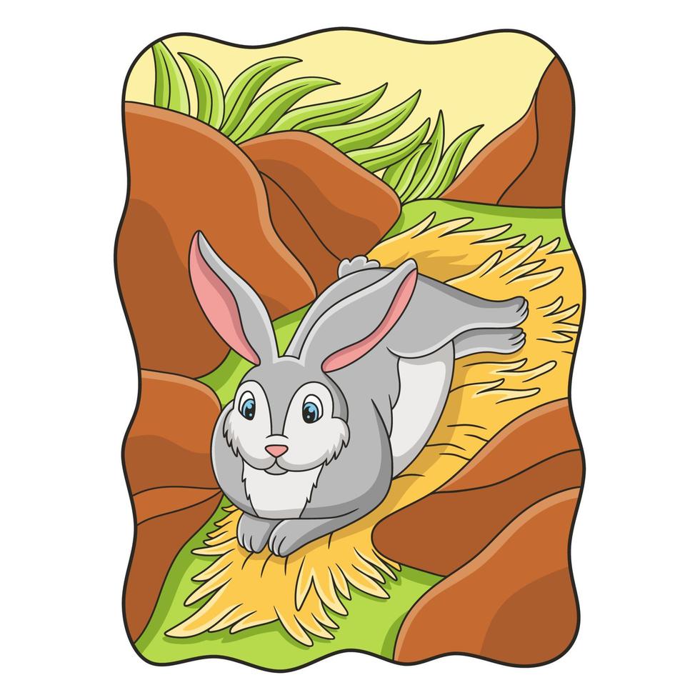 cartoon illustration the rabbit is lying on the hay under the cliff to enjoy the sunshine in the middle of the forest vector