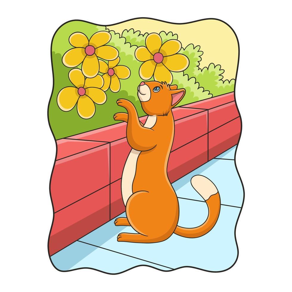 cartoon illustration The cat stands looking and touching the flower behind the high wall vector