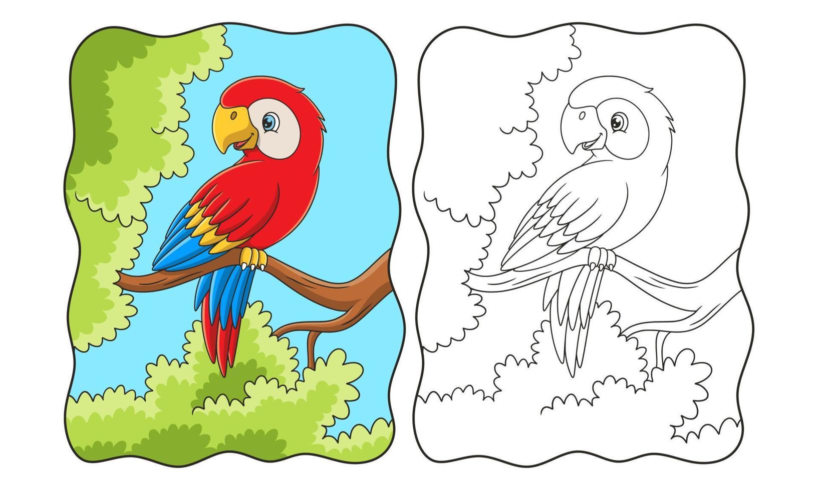 cartoon illustration the parrot is perched gracefully on a tall tree trunk with its beautiful wings book or page for kids vector