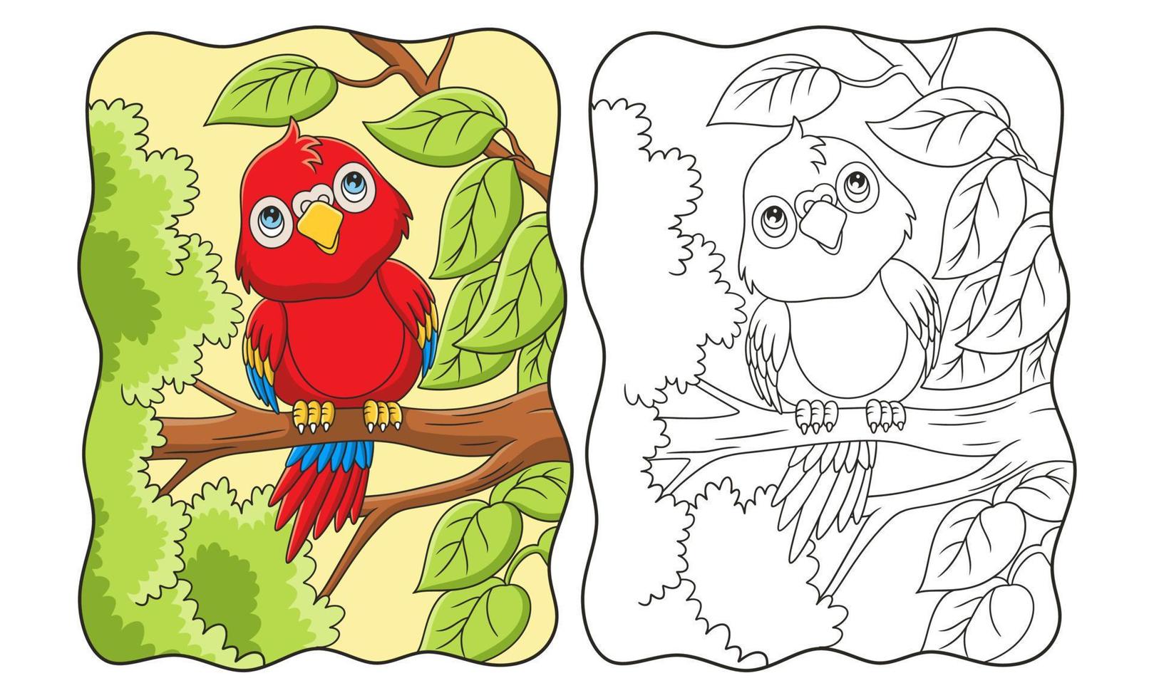 cartoon illustration the parrot is perching on a big and tall tree trunk and looking up at the clouds book or page for kids vector