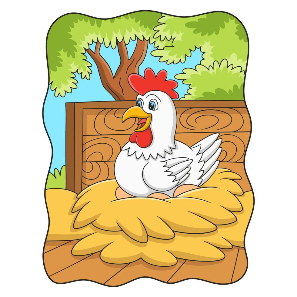 ilustración de dibujos animados de una gallina que está incubando sus huevos que están listos para eclosionar en su jaula vector